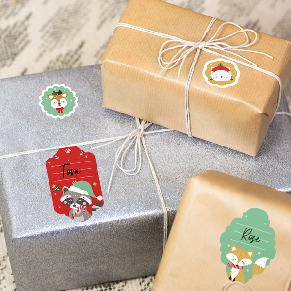 Adesivi per regali di Natale - Animali rosso verde
