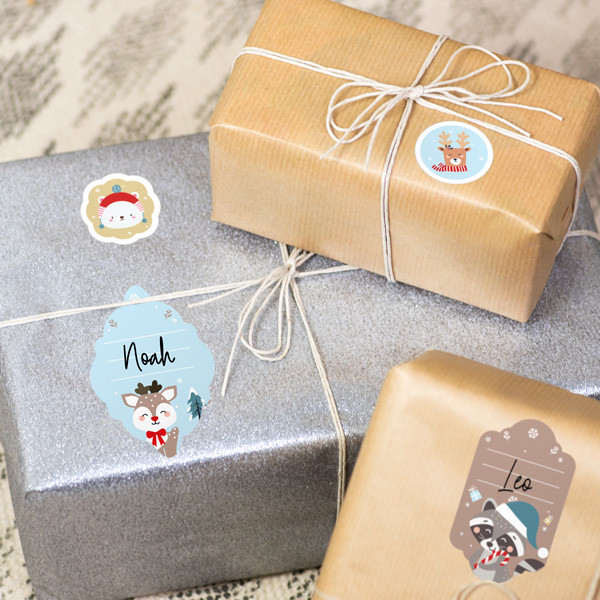 Adesivi per regali di Natale - Animali Oro Blu